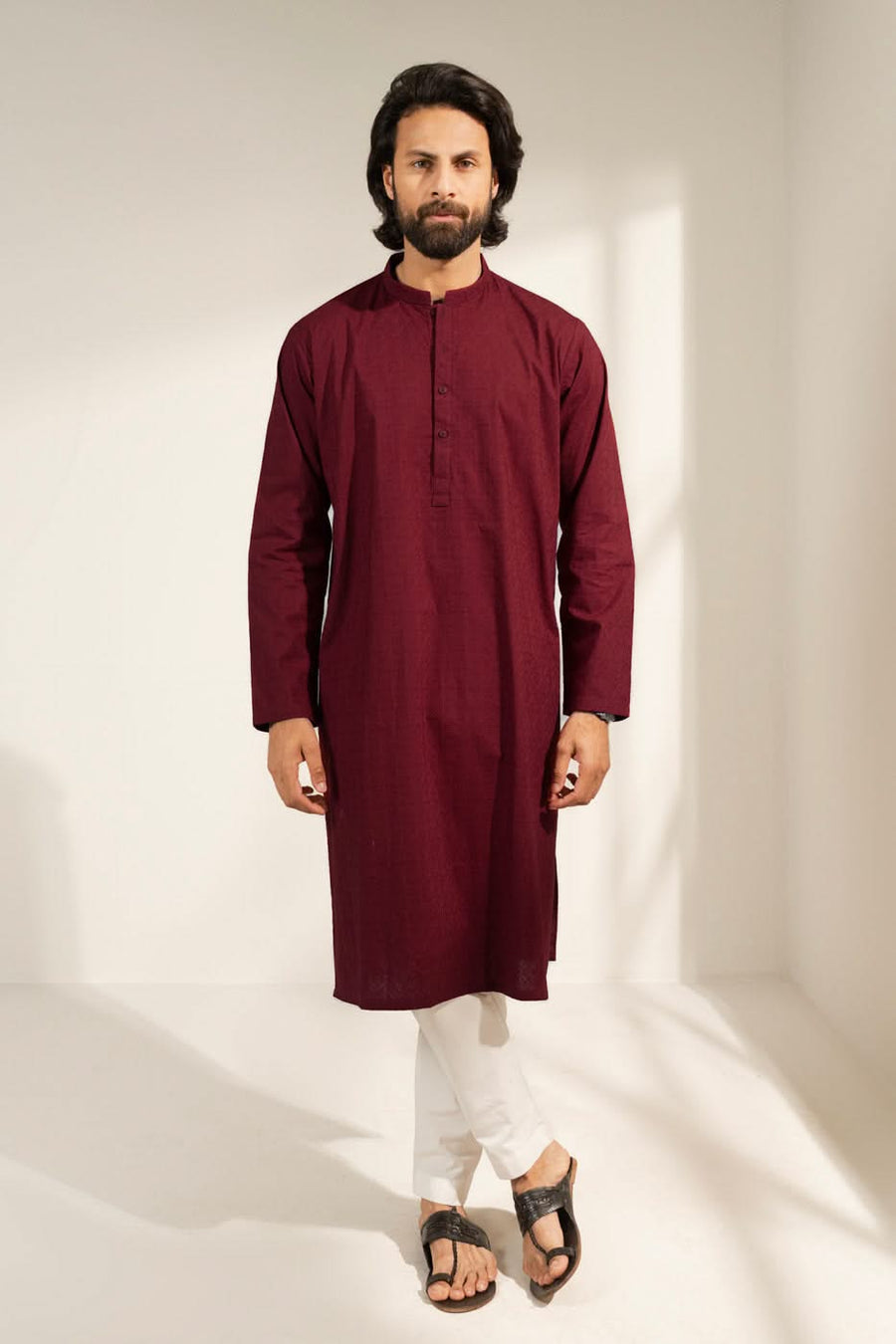 Burgundy Cotton Kurta 2-Piece | Slim Band Collar