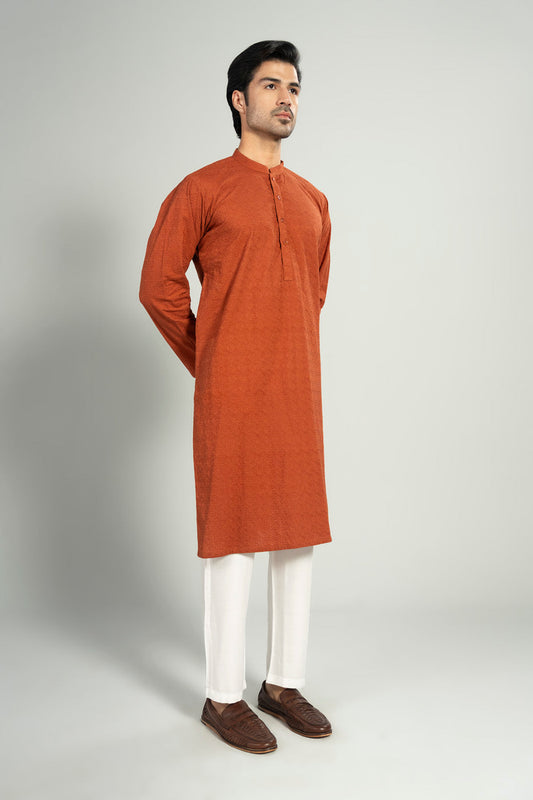 Rust Silk Blend 2-Piece Kurta | Band Collar Minimalist