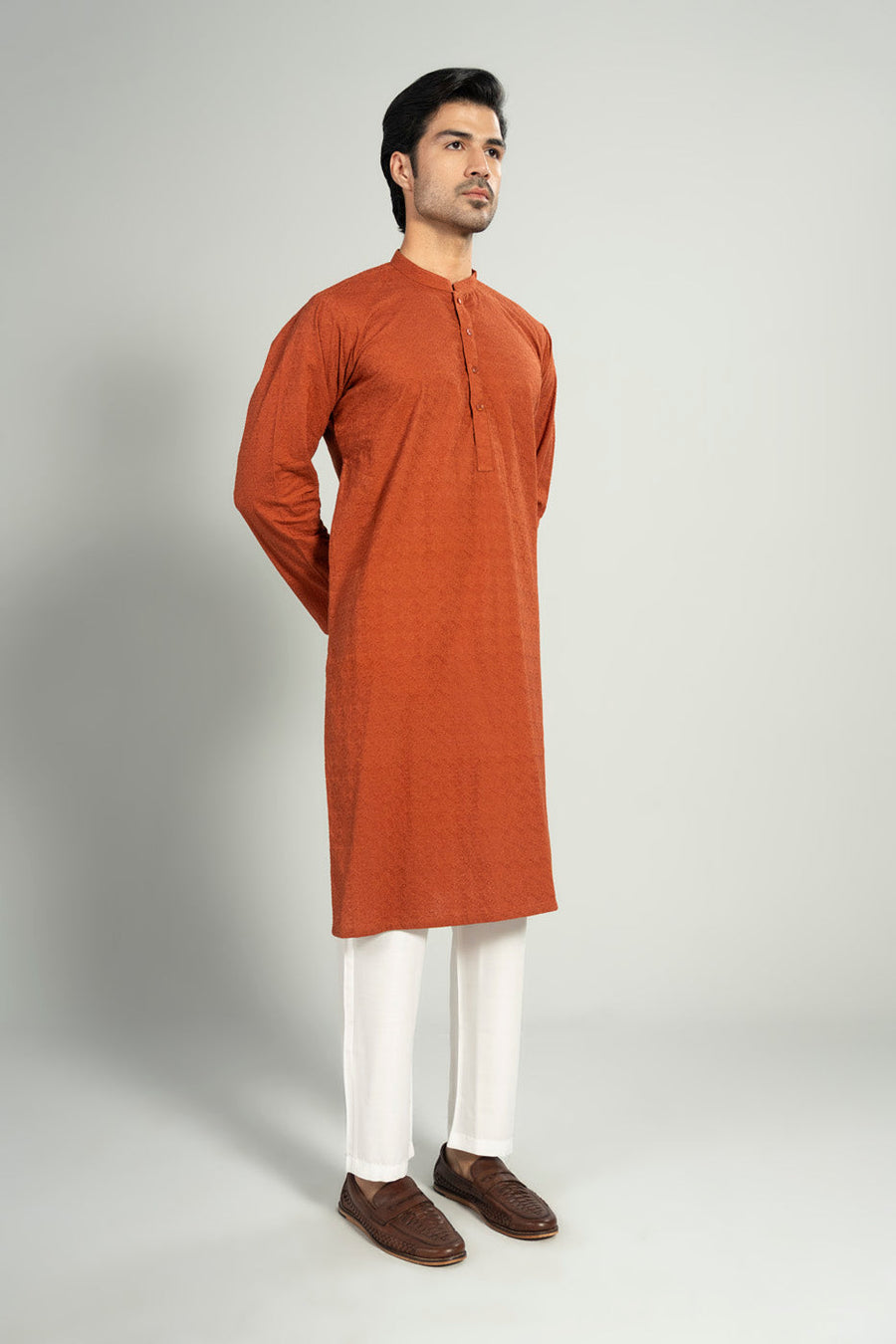 Rust Silk Blend 2-Piece Kurta | Band Collar Minimalist