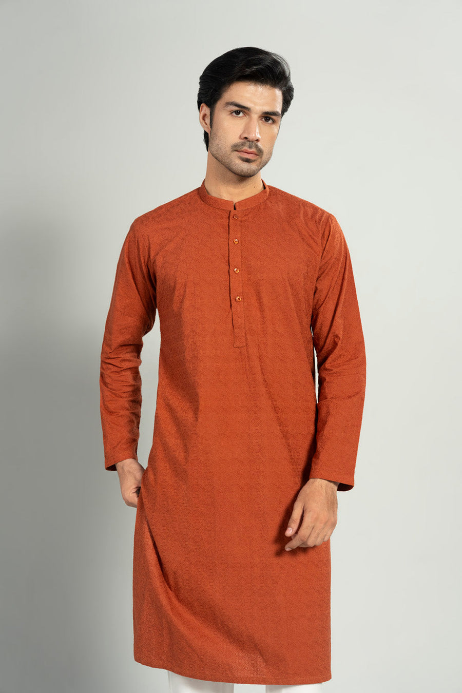 Rust Silk Blend 2-Piece Kurta | Band Collar Minimalist