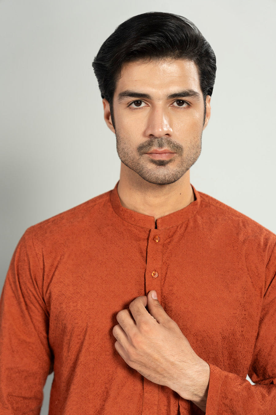 Rust Silk Blend 2-Piece Kurta | Band Collar Minimalist