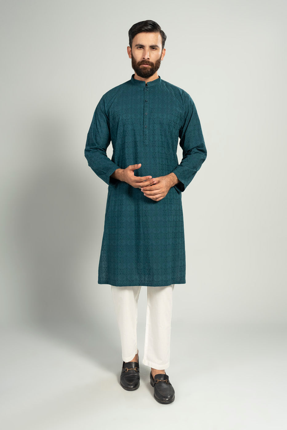 Teal Jacquard 2-Piece Kurta | Mandarin Collar