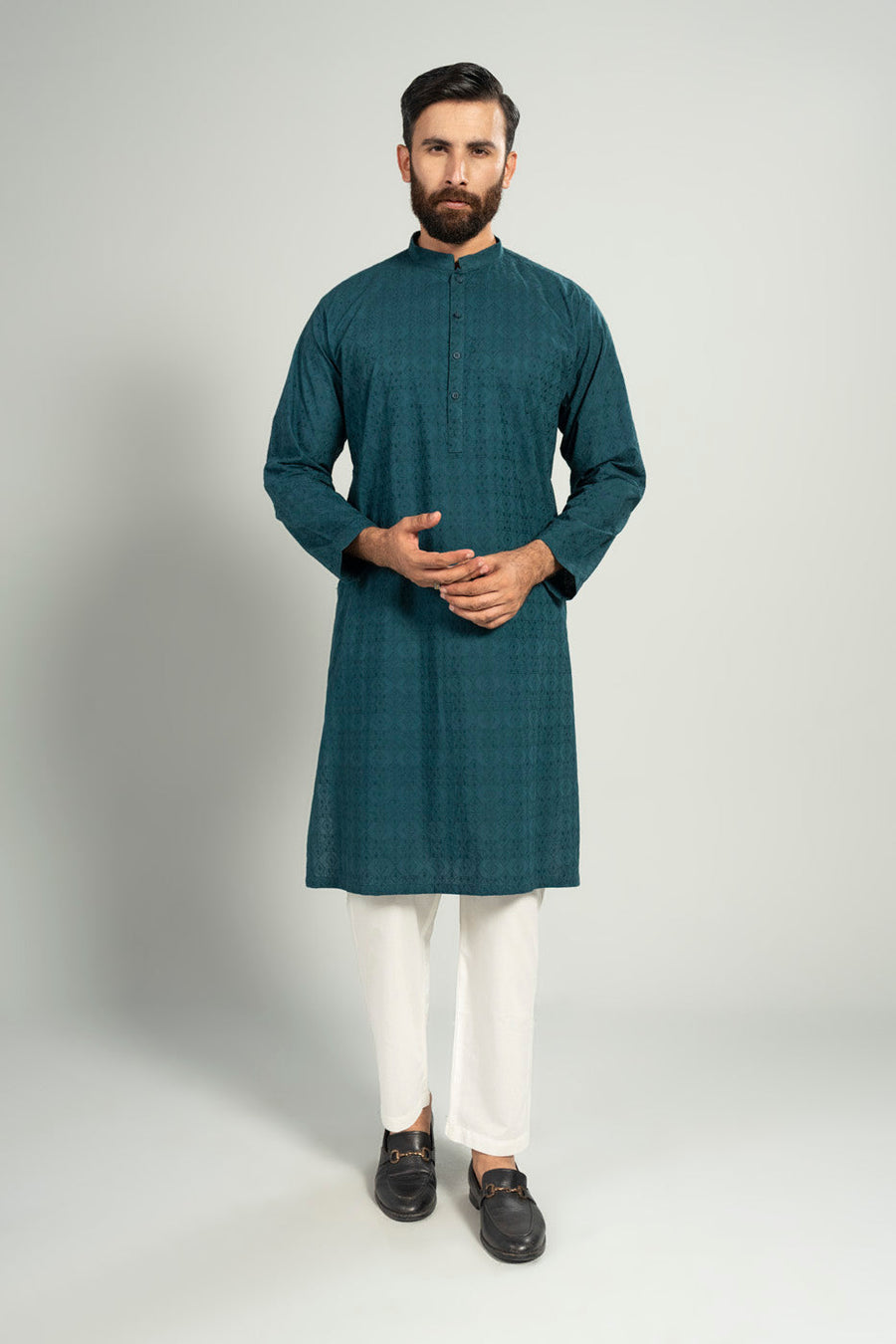 Teal Jacquard 2-Piece Kurta | Mandarin Collar