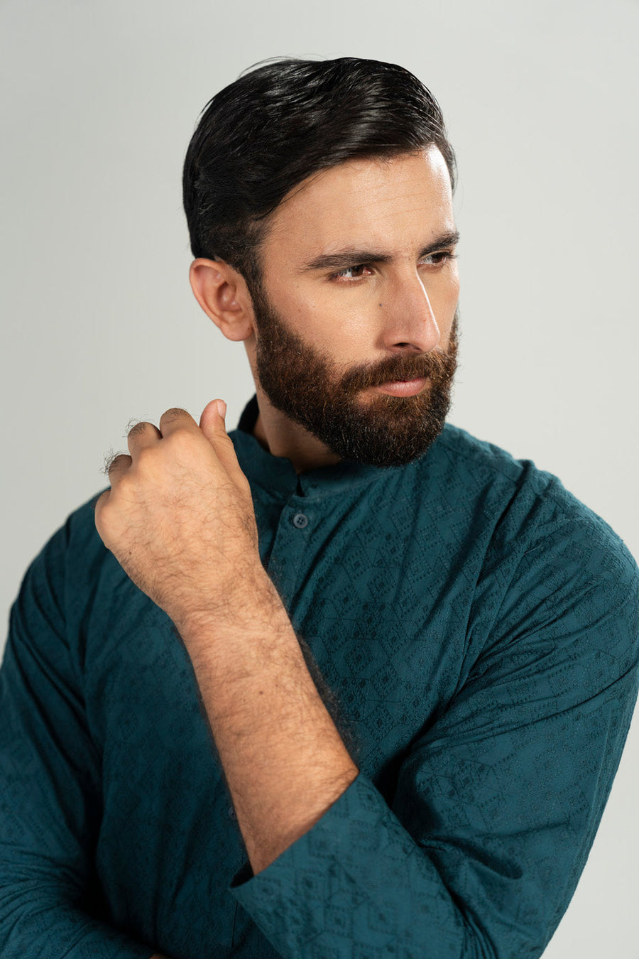 Teal Jacquard 2-Piece Kurta | Mandarin Collar