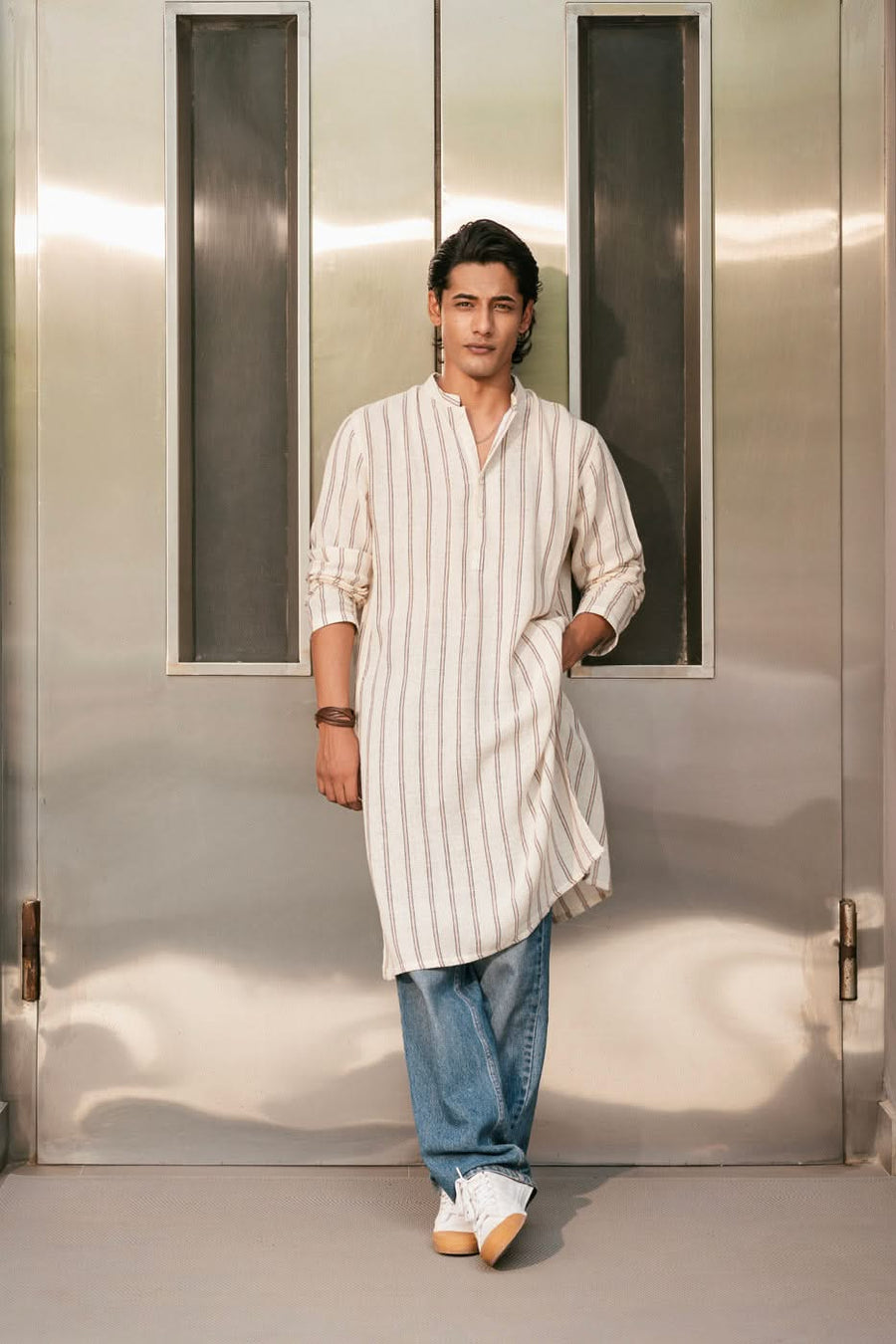Sea Island Cotton Yarn Dyed Kurta Band Collar - Pehnaawaa