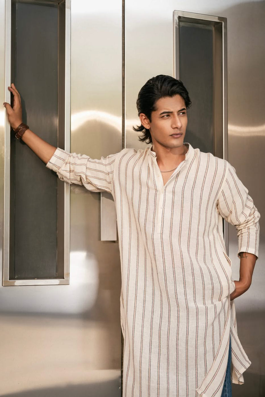 Sea Island Cotton Yarn Dyed Kurta Band Collar - Pehnaawaa