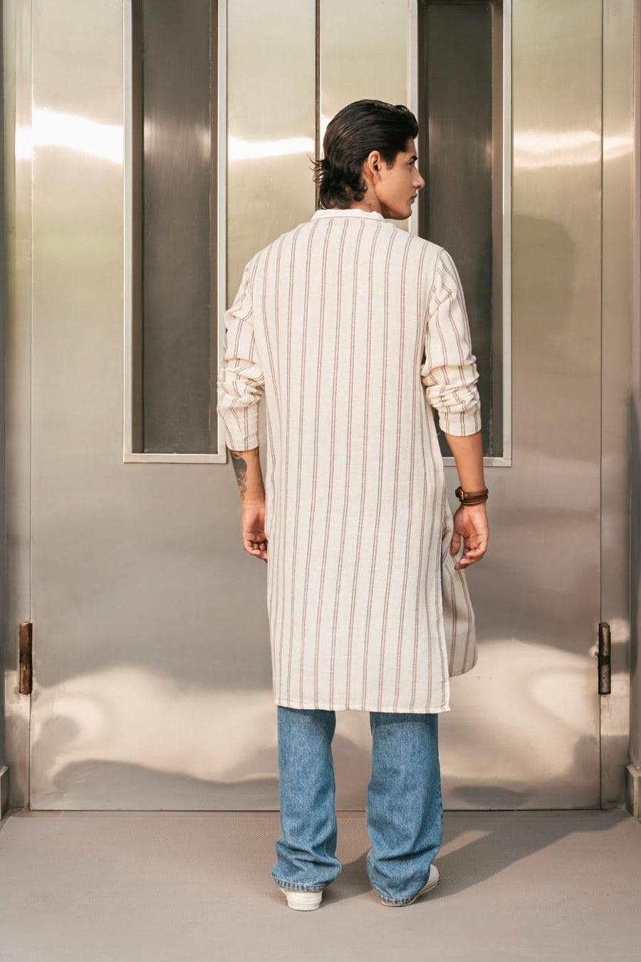 Sea Island Cotton Yarn Dyed Kurta Band Collar - Pehnaawaa