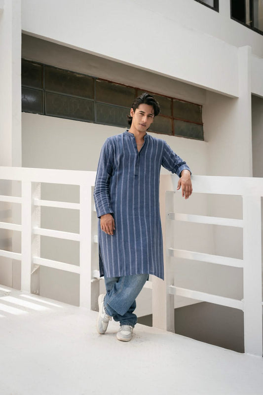 Cotton Yarn Dyed Kurta Made In India Band Collar - Pehnaawaa