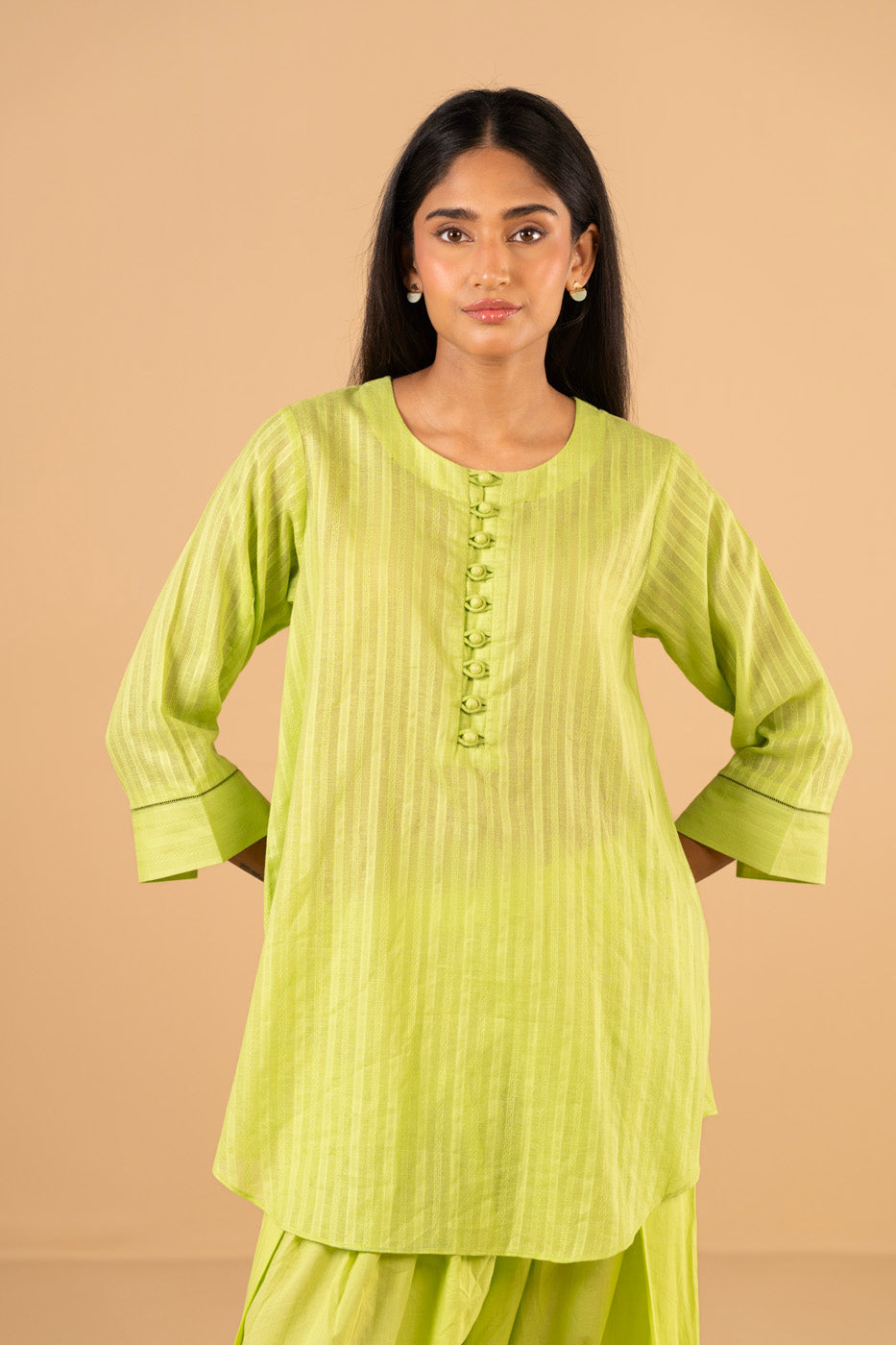 Lime Linen 2-Piece Kurta | Button-Front Karchobi Work