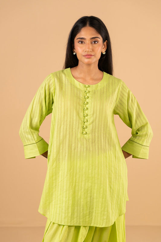 Lime Linen 2-Piece Kurta | Button-Front Karchobi Work