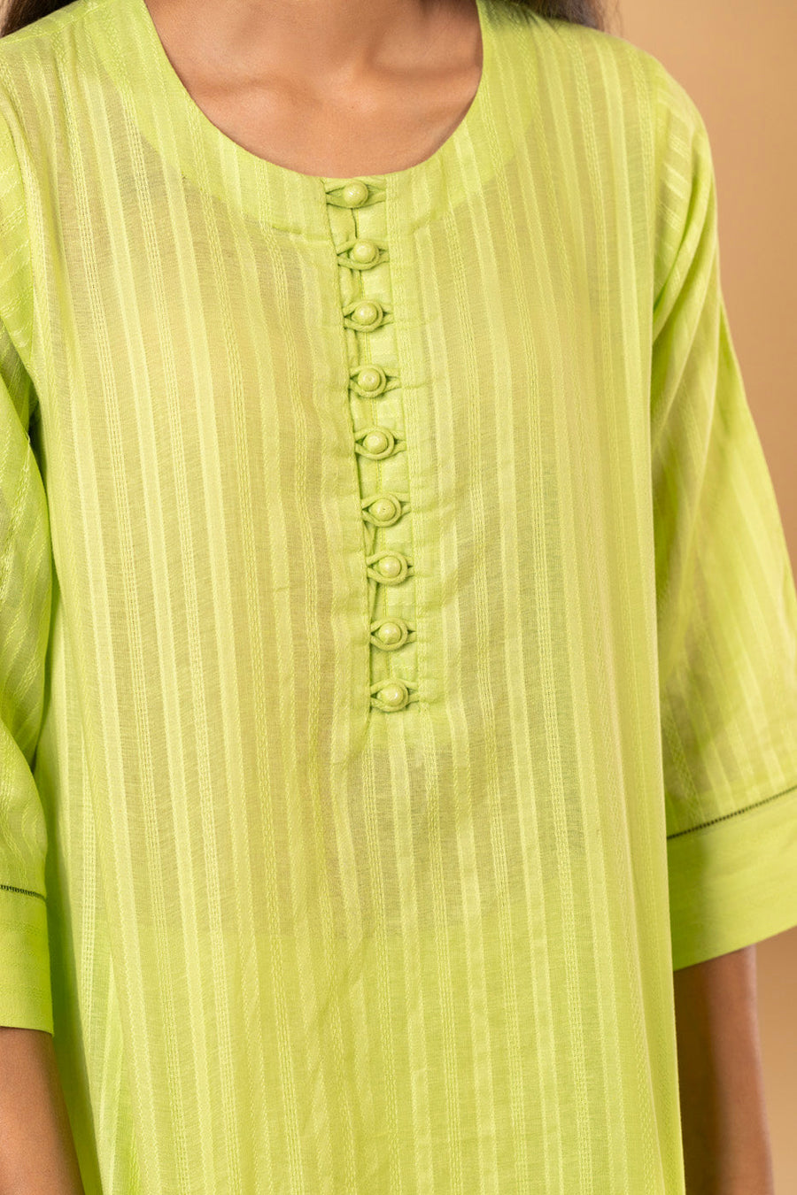 Lime Linen 2-Piece Kurta | Button-Front Karchobi Work