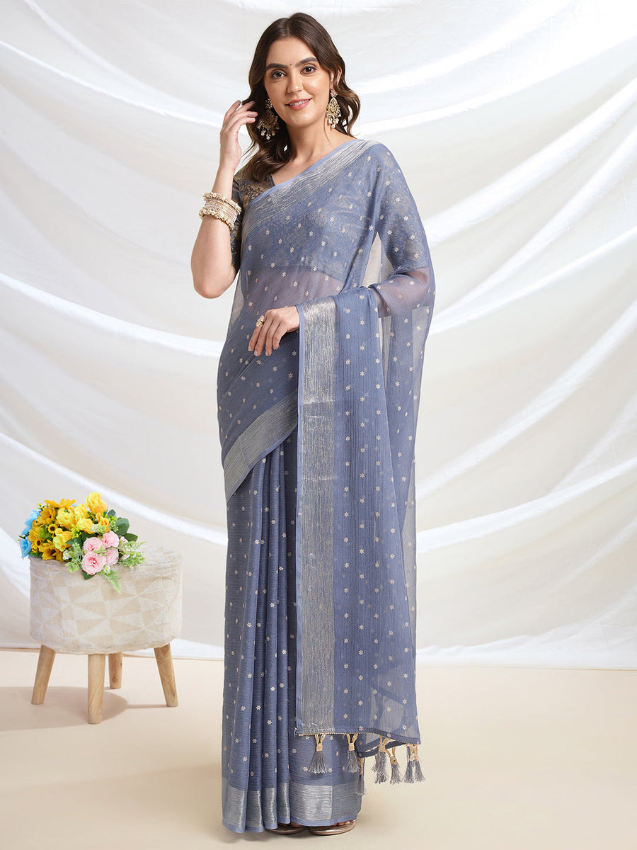 Grey Chiffon Ready To Wear Saree With Blouse Piece - Pehnaawaa