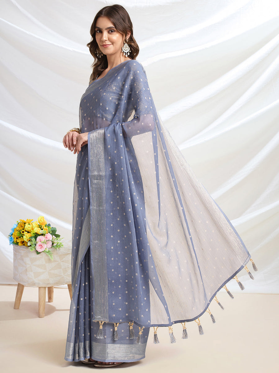 Grey Chiffon Ready To Wear Saree With Blouse Piece - Pehnaawaa