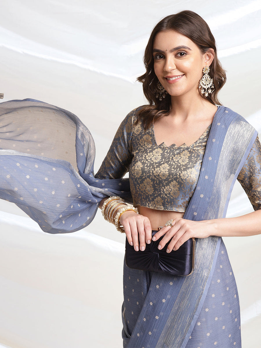 Grey Chiffon Ready To Wear Saree With Blouse Piece - Pehnaawaa