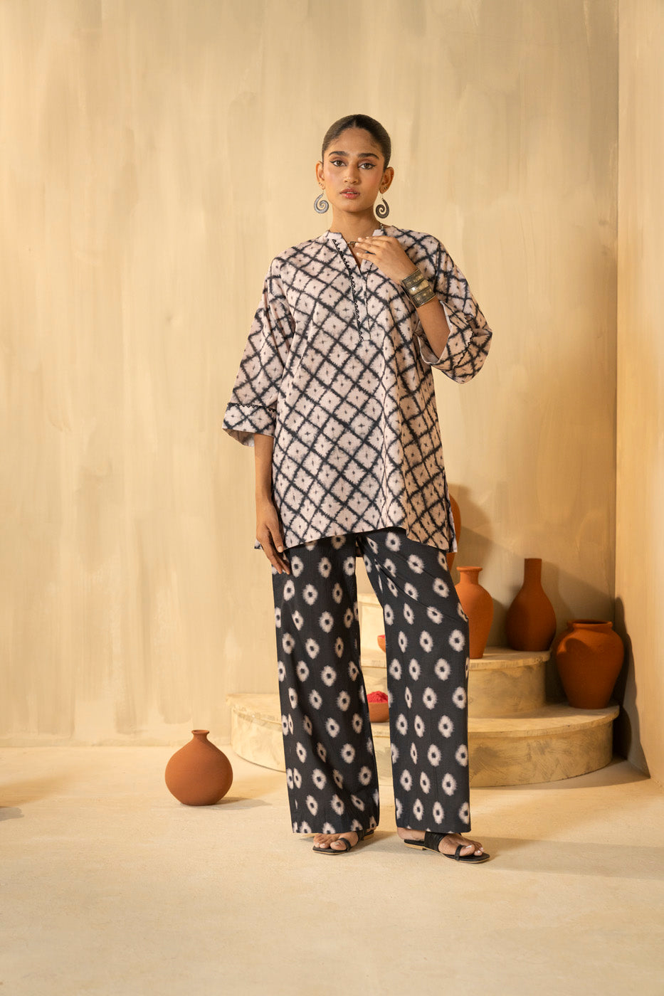 Ivory Cambric 2-Piece Shirt & Bootcut Pant | Geometric Print