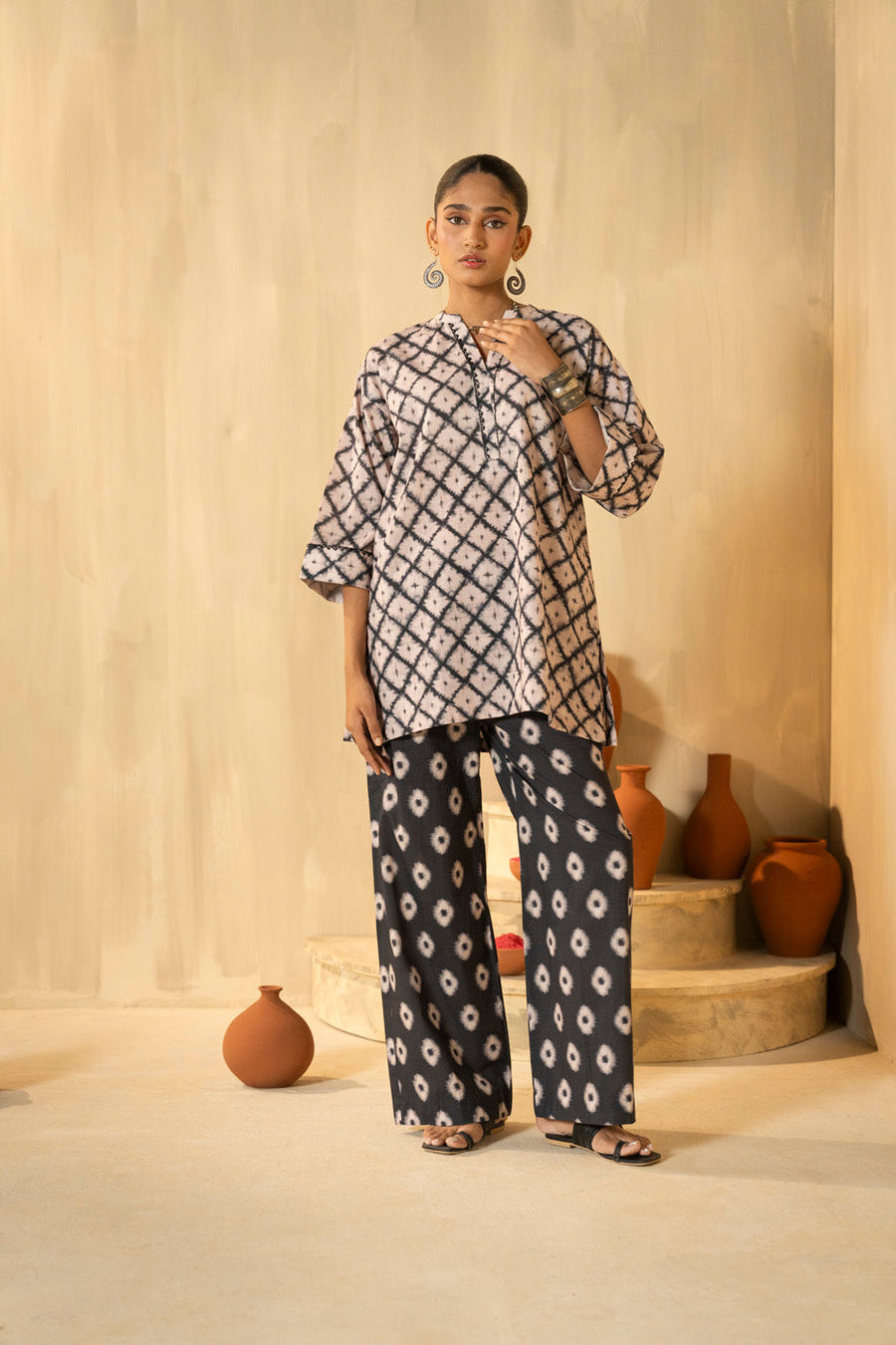 Ivory Cambric 2-Piece Shirt & Bootcut Pant | Geometric Print