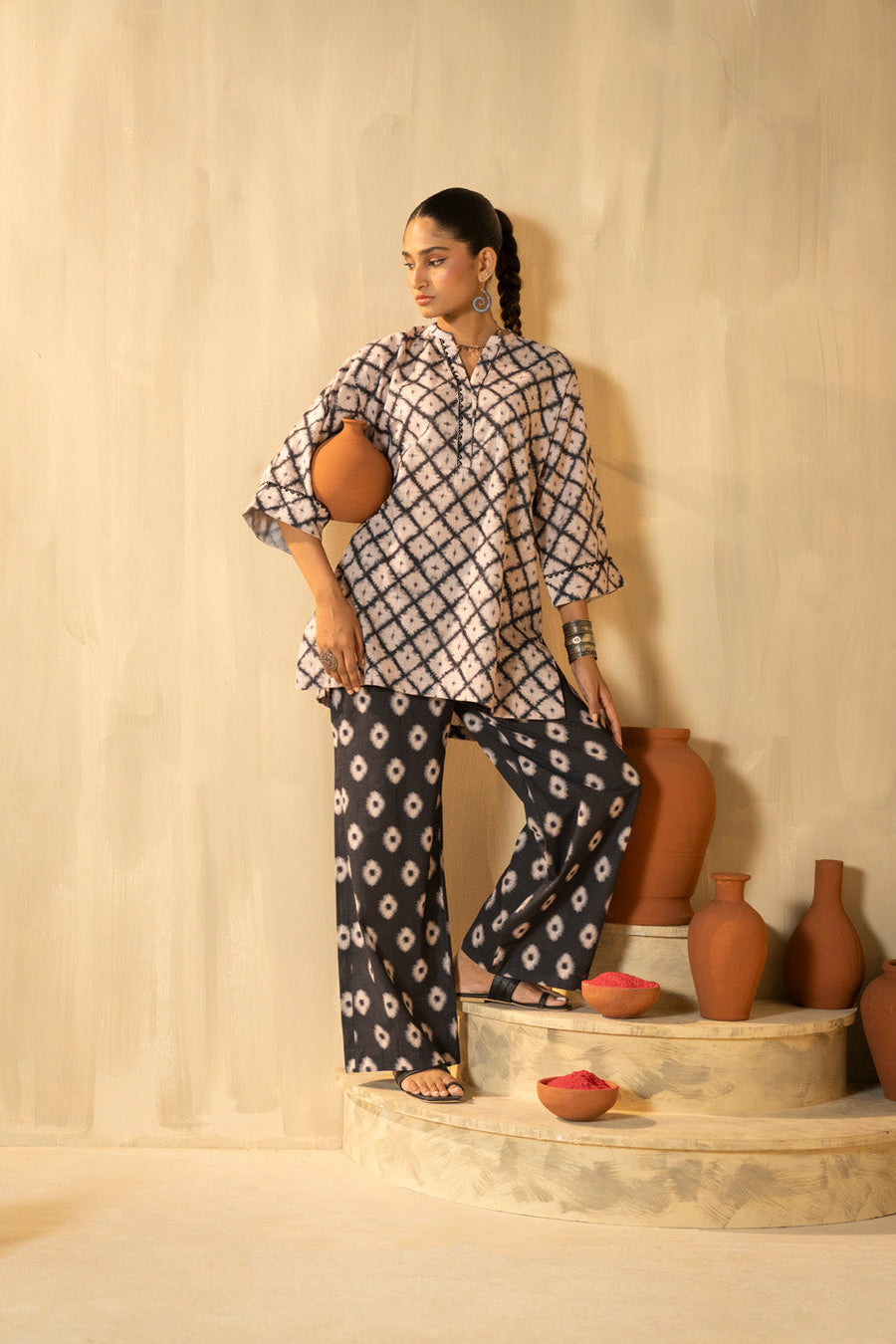 Ivory Cambric 2-Piece Shirt & Bootcut Pant | Geometric Print