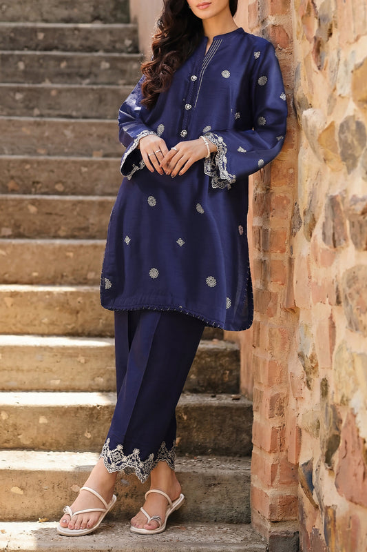 Solid Embroidered Korean Raw Silk Stitched 2 Piece (Shirt/Trouser) - Pehnaawaa