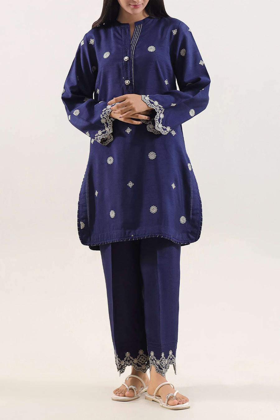Solid Embroidered Korean Raw Silk Stitched 2 Piece (Shirt/Trouser) - Pehnaawaa