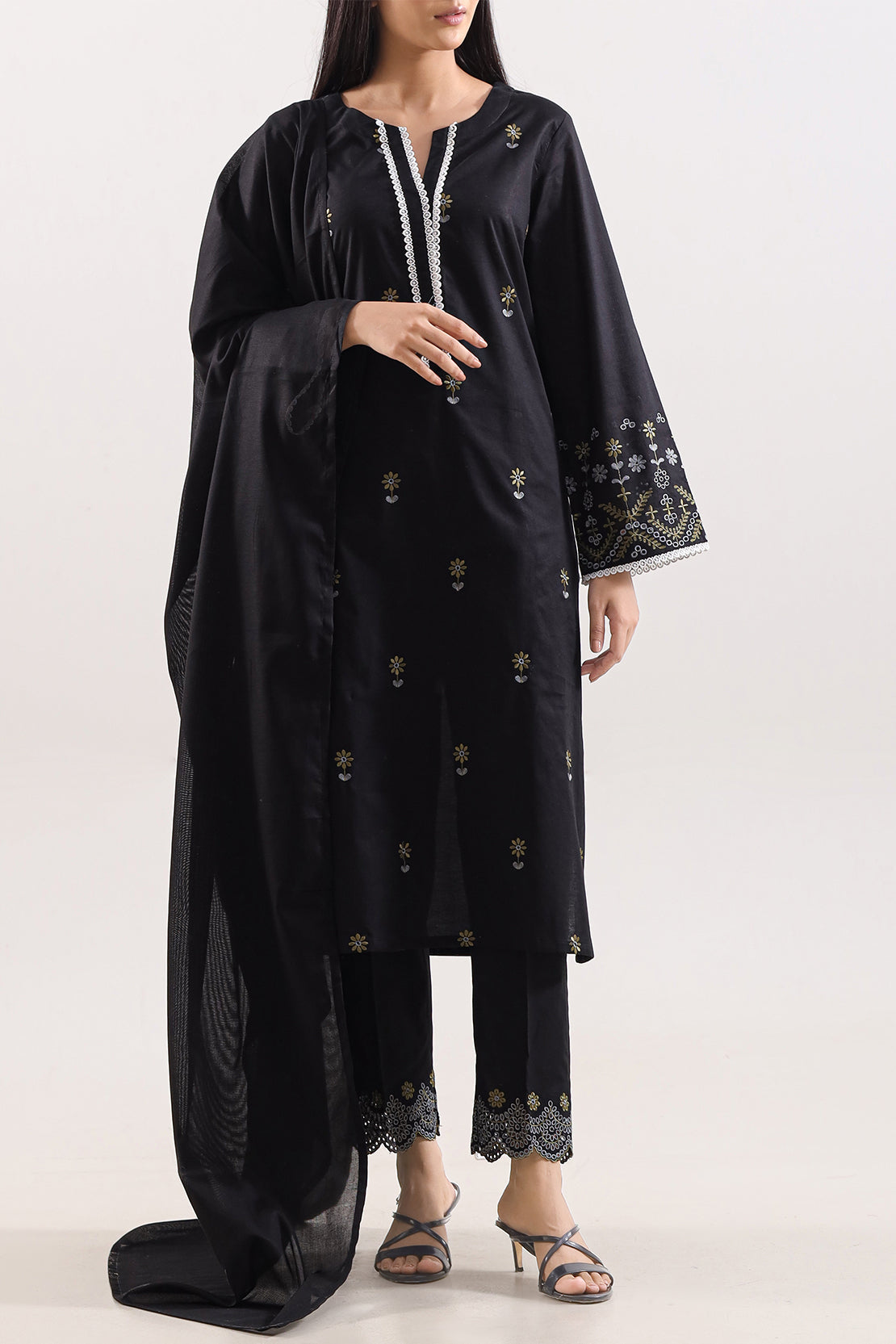 Solid Embroidered Cotton Stitched 3 Piece
