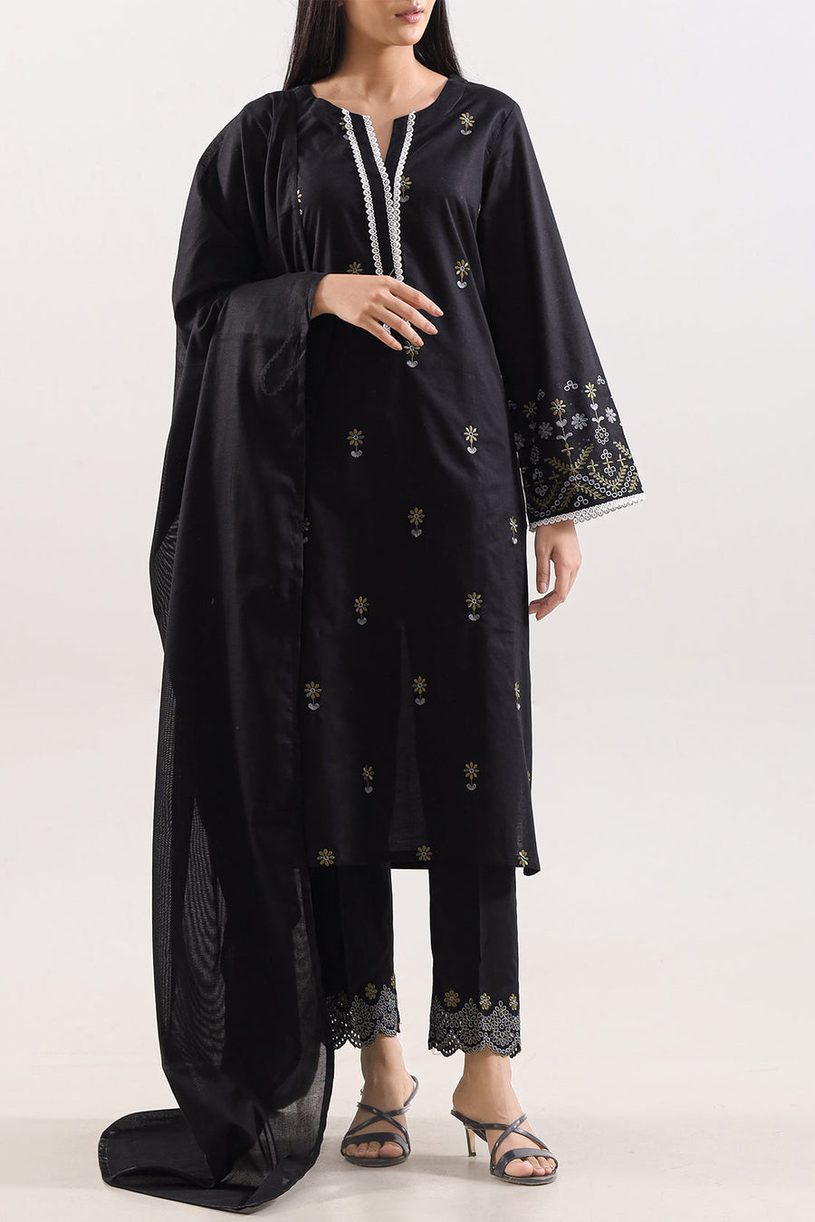 Solid Embroidered Cotton Stitched 3 Piece