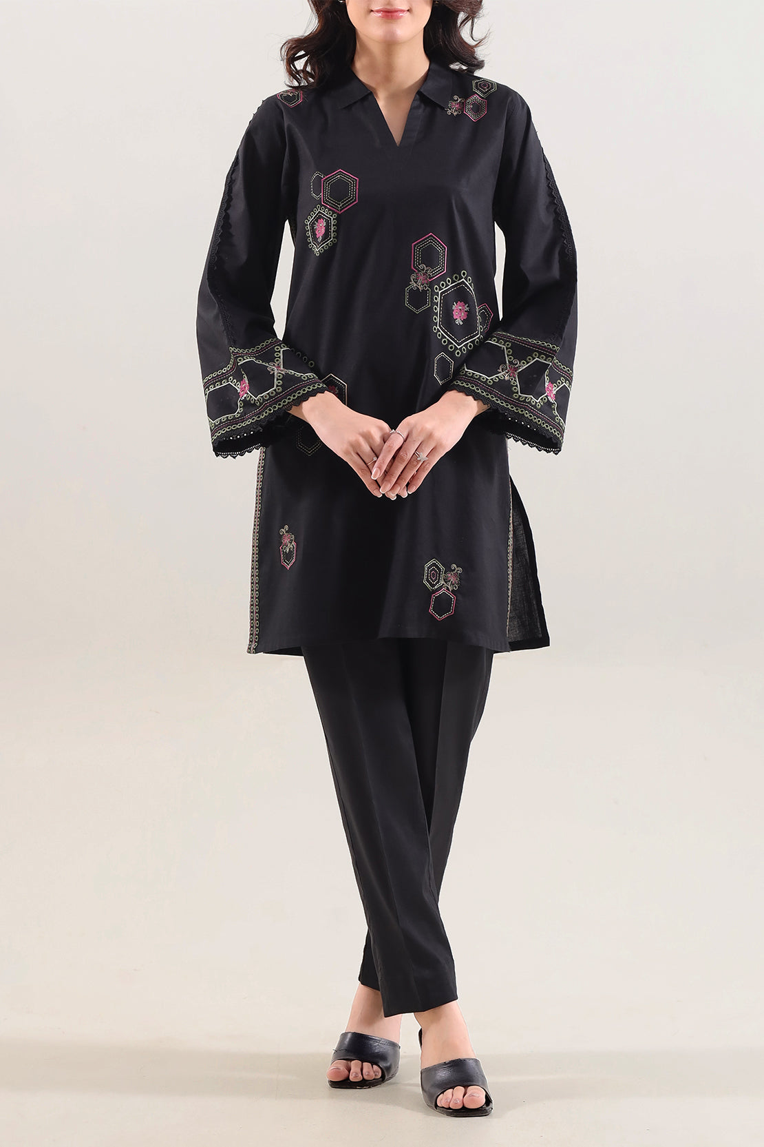 Solid Embroidered Cotton Stitched 2 Piece (Shirt/Trouser)