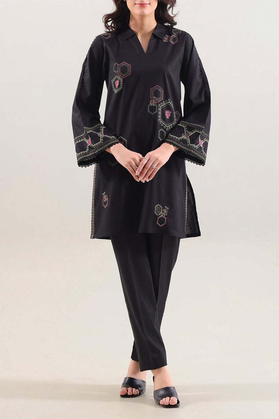 Solid Embroidered Cotton Stitched 2 Piece (Shirt/Trouser)