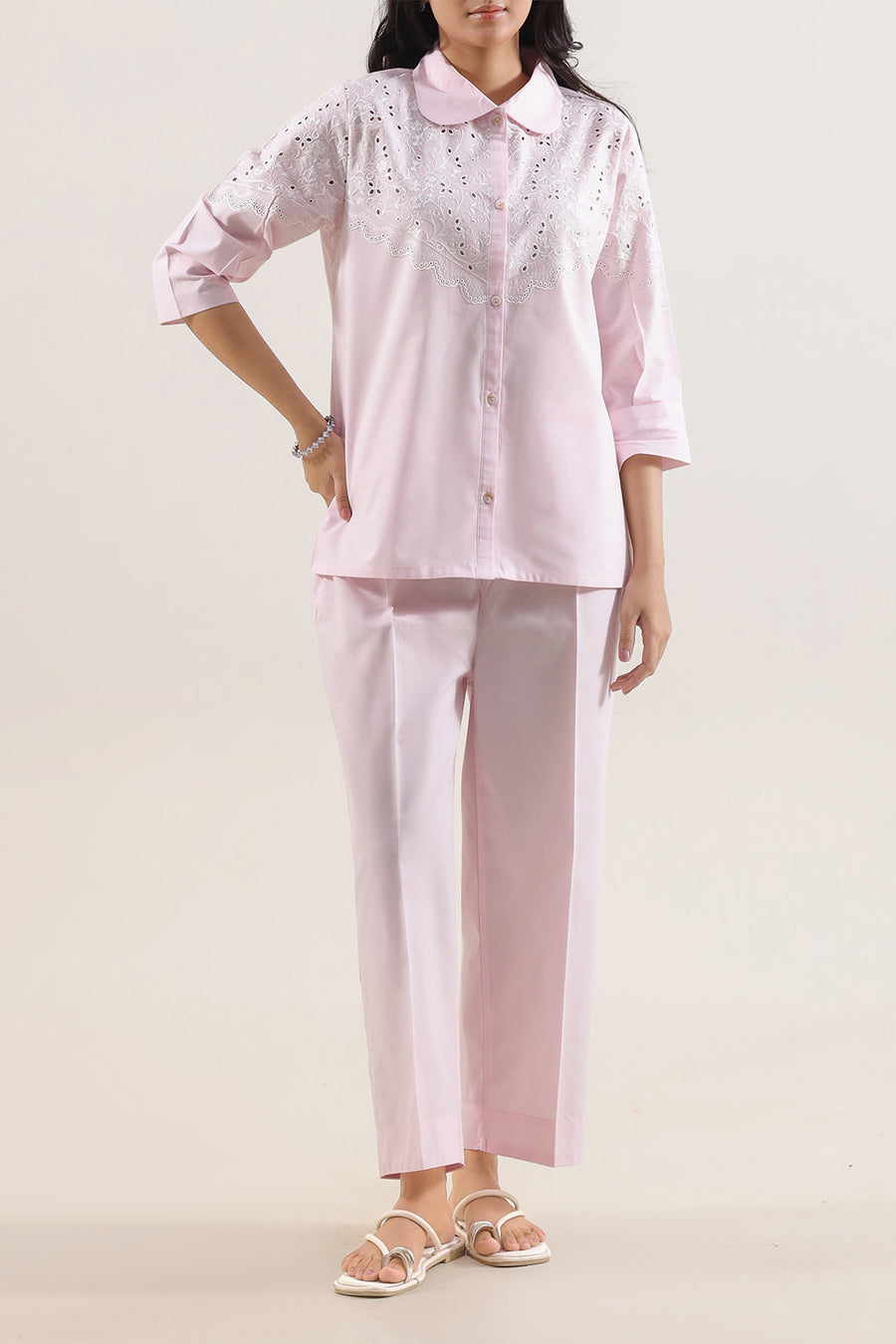 Solid Embroidered Poplin Stitched 2 piece (Shirt/Trouser) - Pehnaawaa