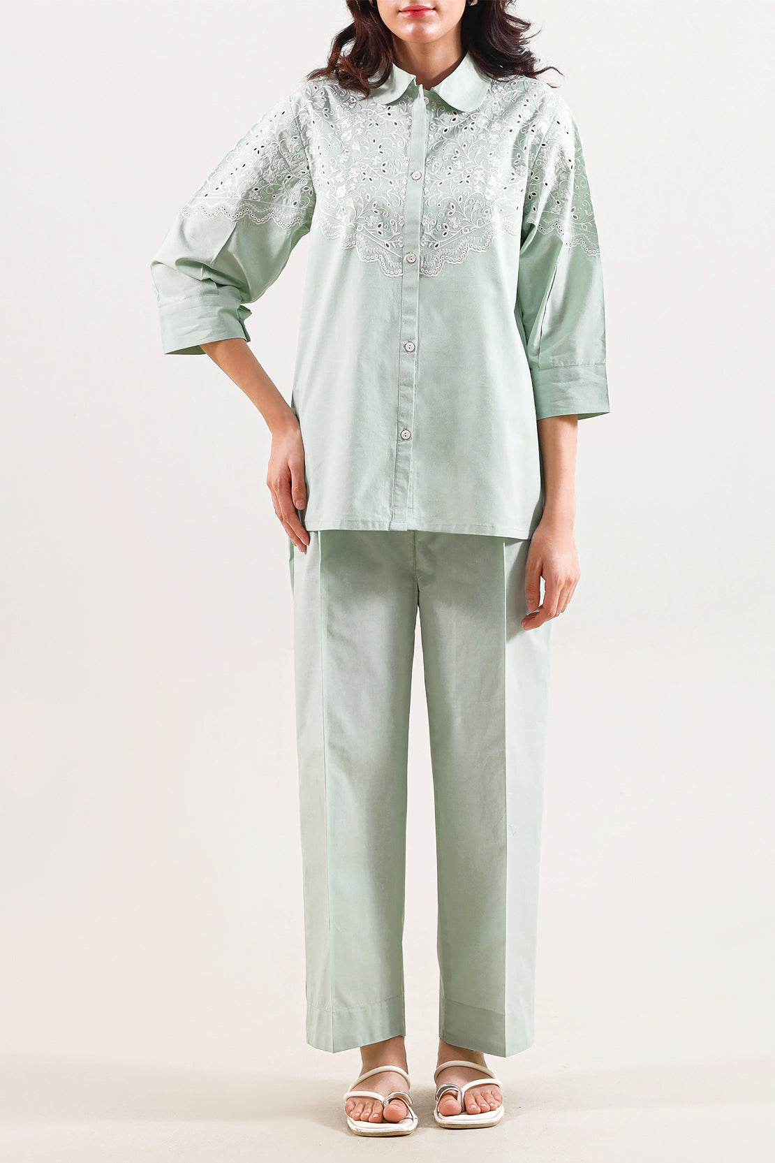 Solid Embroidered Poplin Stitched 2 piece (Shirt/Trouser)