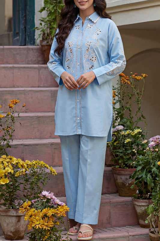 Solid Embroidered Poplin Stitched 2 piece (Shirt/Trouser) - Pehnaawaa