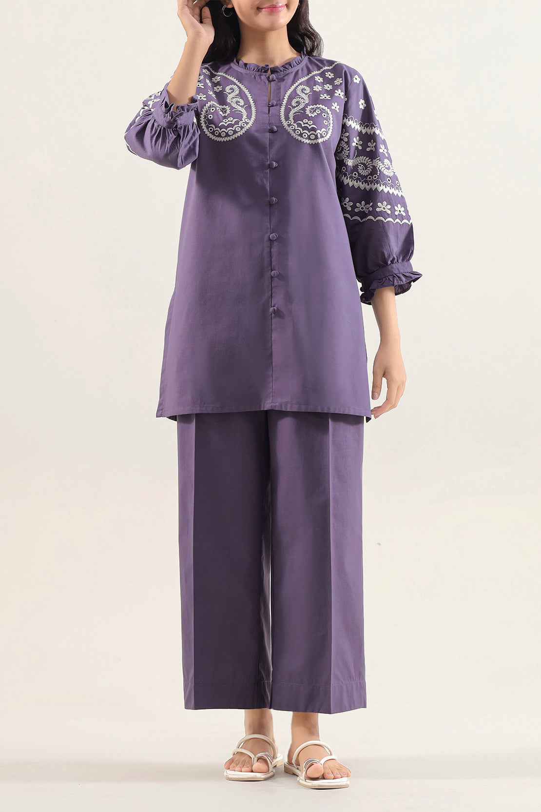 Solid Embroidered Poplin Stitched 2 piece (Shirt/Trouser)