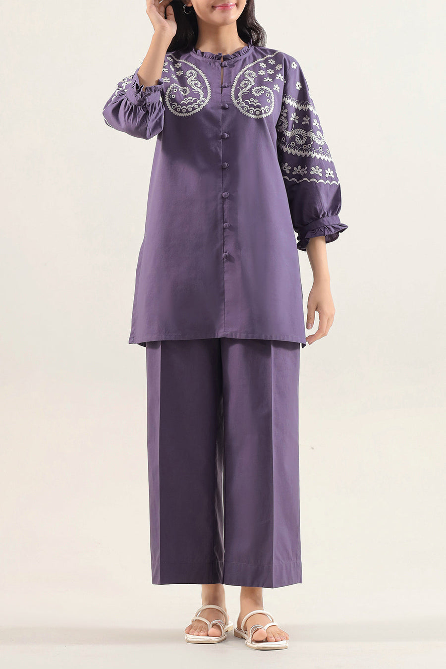 Solid Embroidered Poplin Stitched 2 piece (Shirt/Trouser) - Pehnaawaa