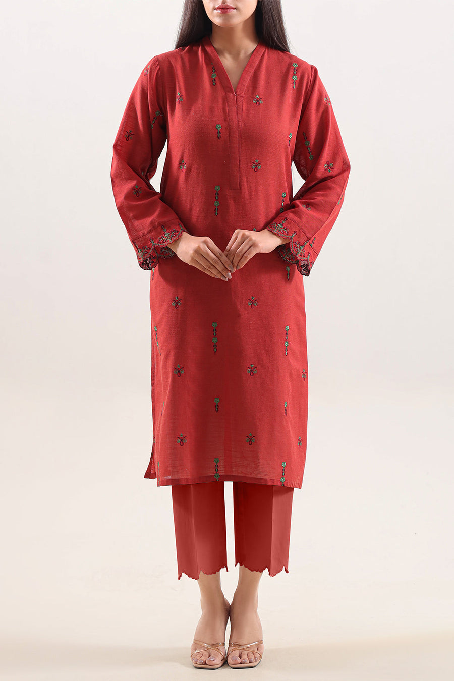 Solid Embroidered Slub Cotton Stitched Shirt - Pehnaawaa