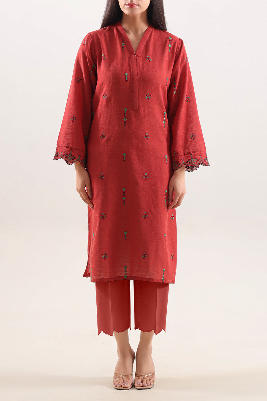 Solid Embroidered Slub Cotton Stitched Shirt - Pehnaawaa