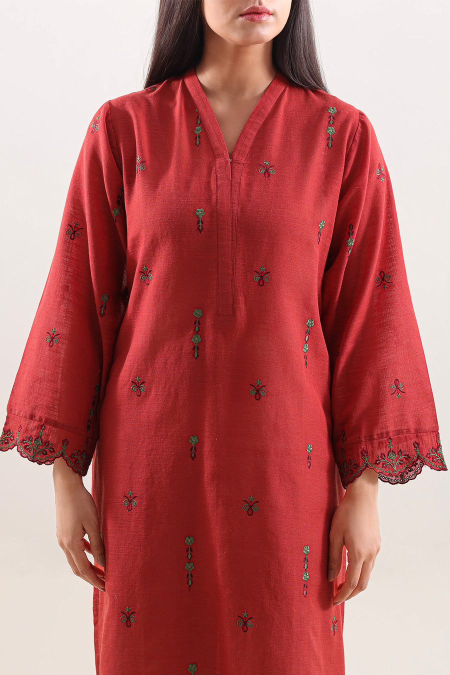 Solid Embroidered Slub Cotton Stitched Shirt - Pehnaawaa