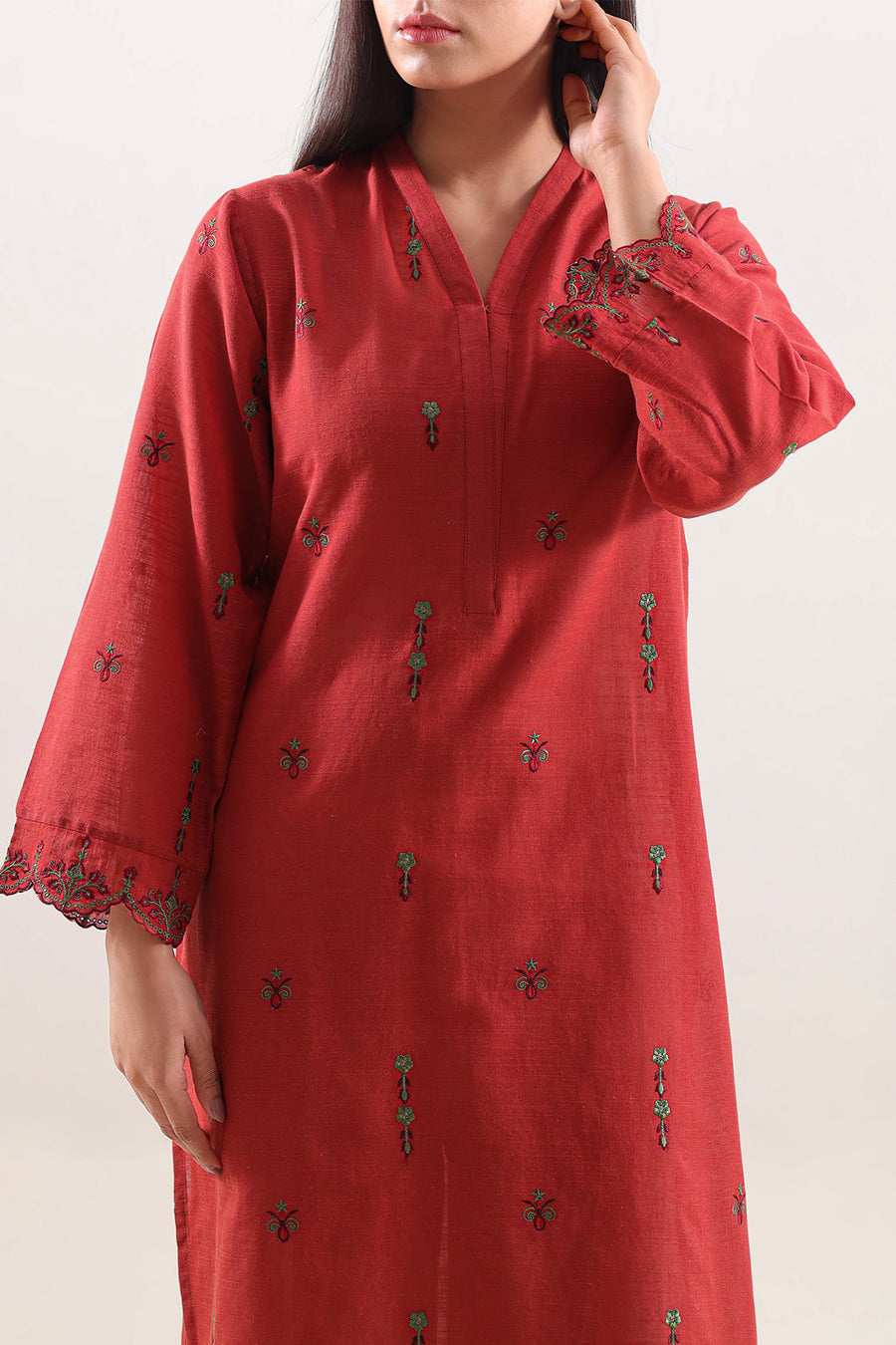 Solid Embroidered Slub Cotton Stitched Shirt - Pehnaawaa