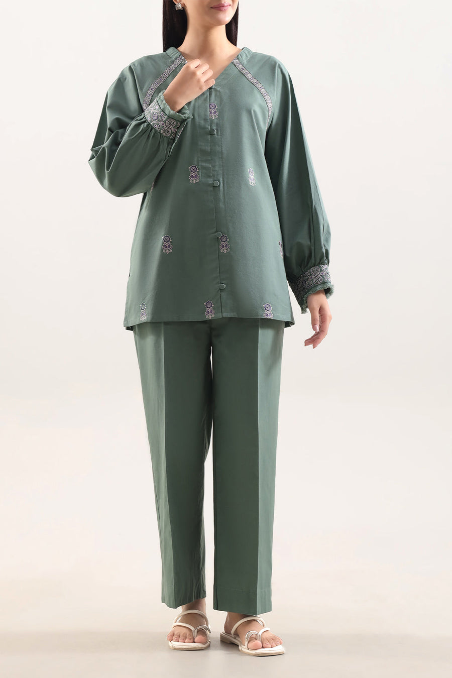 Solid Embroidered Poplin Stitched 2 piece (Shirt/Trouser) - Pehnaawaa