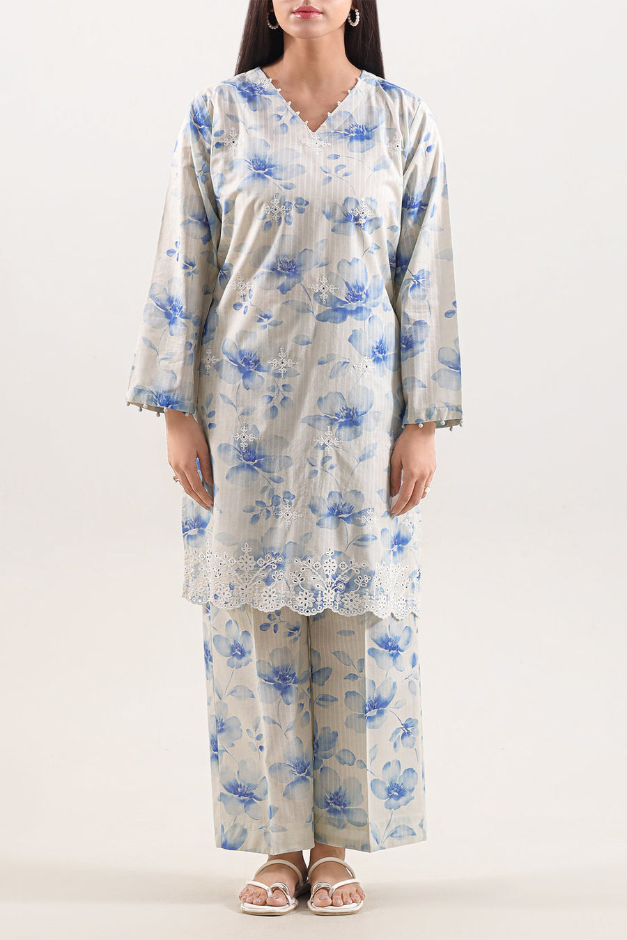 Printed Embroidered Self Strip Lawn Stitched 2 Piece (Shirt/Trouser) - Pehnaawaa