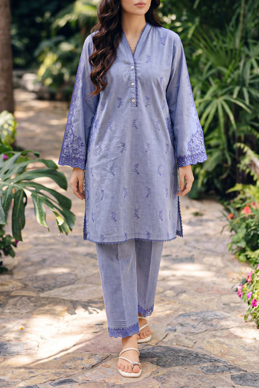 Solid Embroidered Lawn Stitched 2 Piece (Shirt/Trouser) - Pehnaawaa