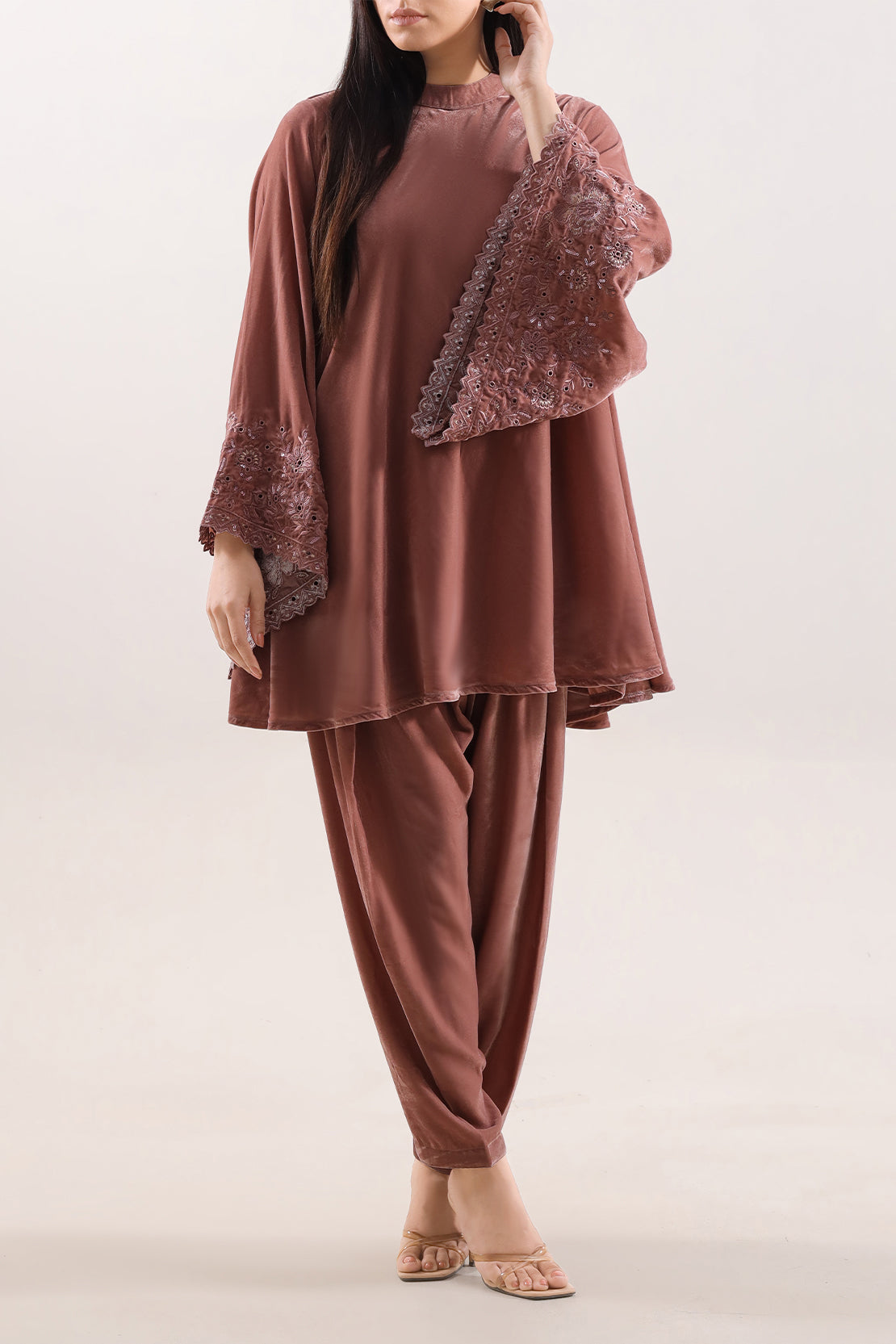 Solid Embroidered Velvet Stitched (Shirt/Trouser)