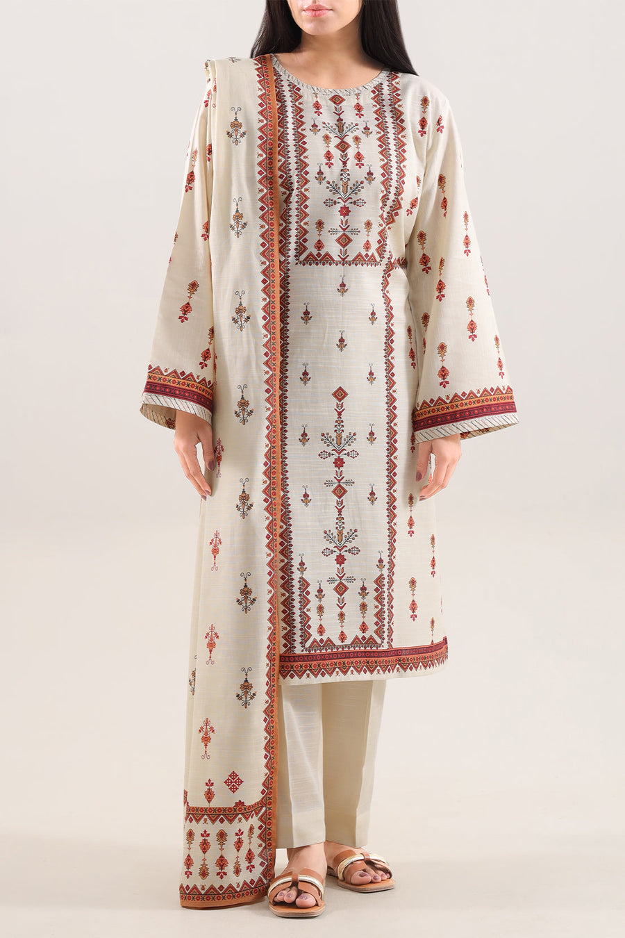 Printed Fancy Jacquard Khaddar Stitched 3 Piece - Pehnaawaa