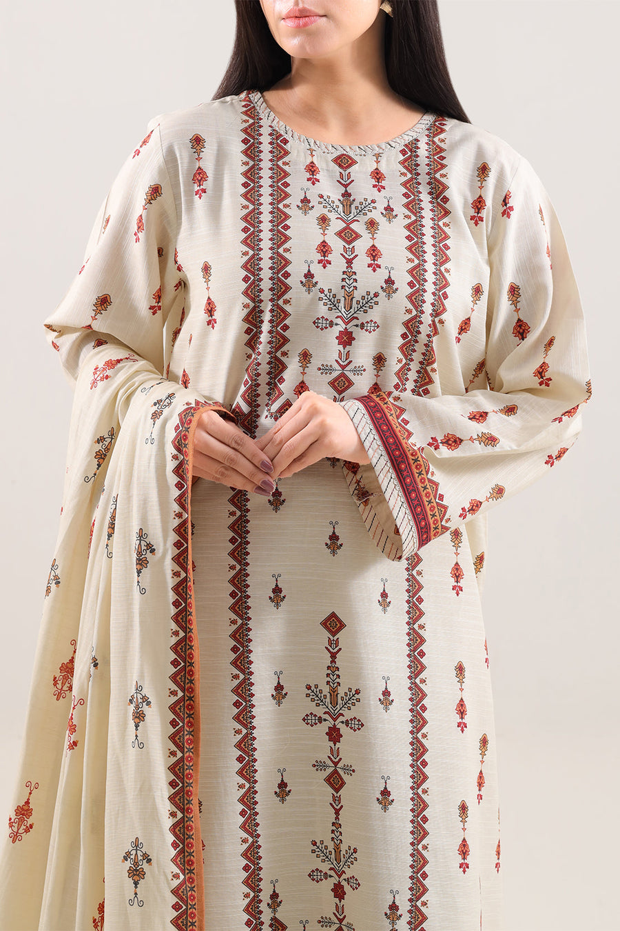 Printed Fancy Jacquard Khaddar Stitched 3 Piece - Pehnaawaa