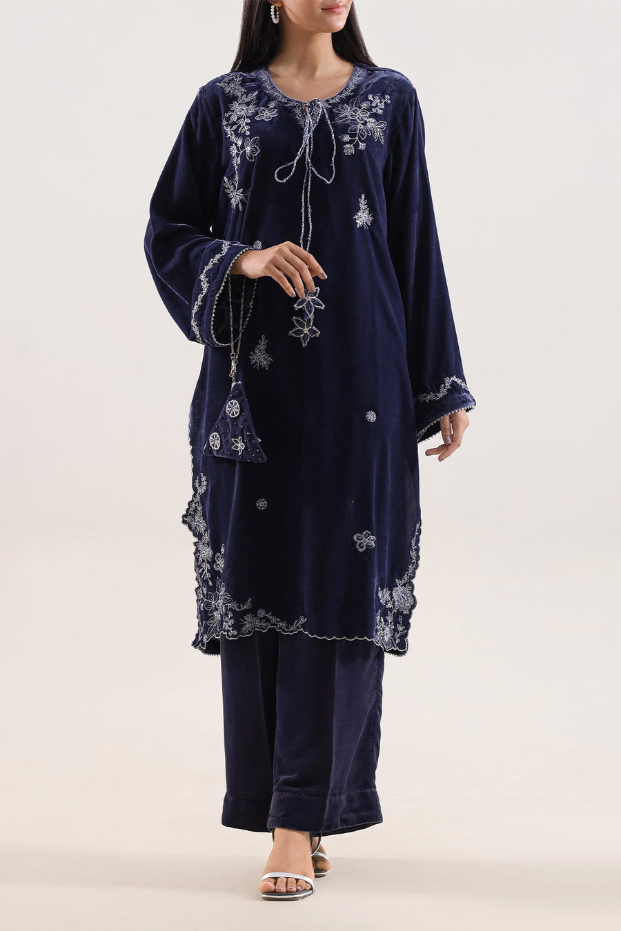 Solid Embroidered Velvet Stitched (Shirt/Trouser)