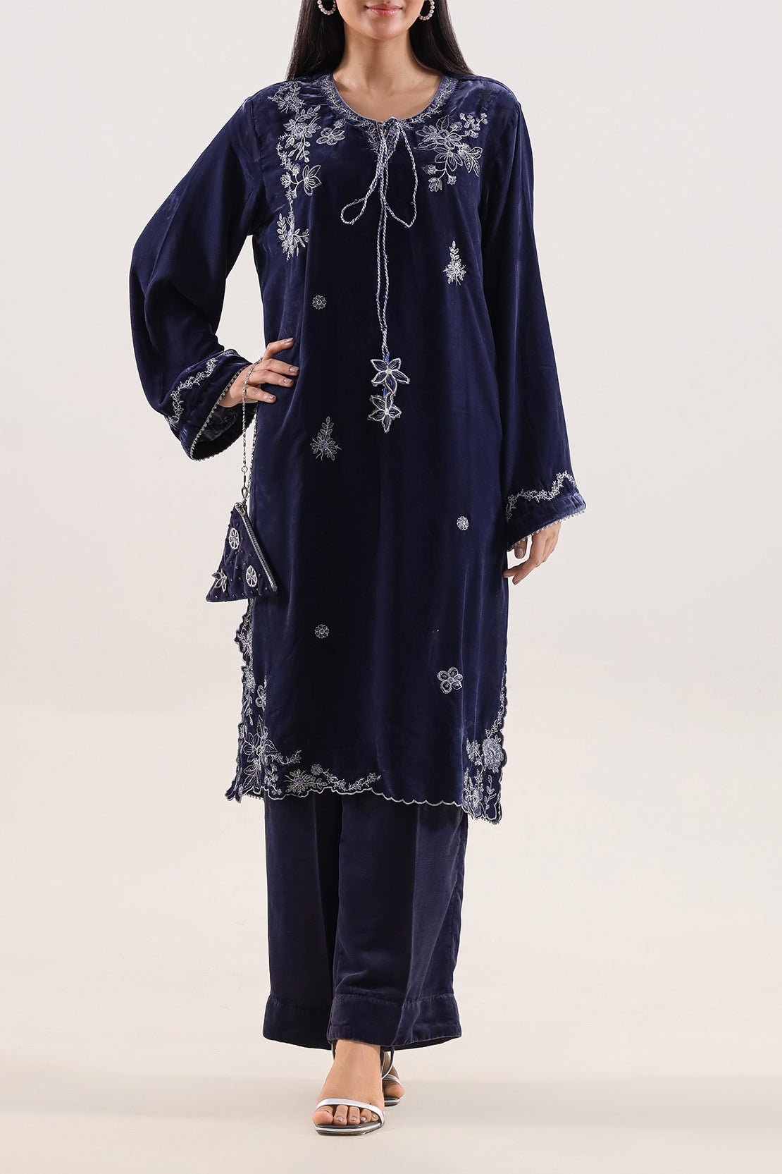 Solid Embroidered Velvet Stitched (Shirt/Trouser)