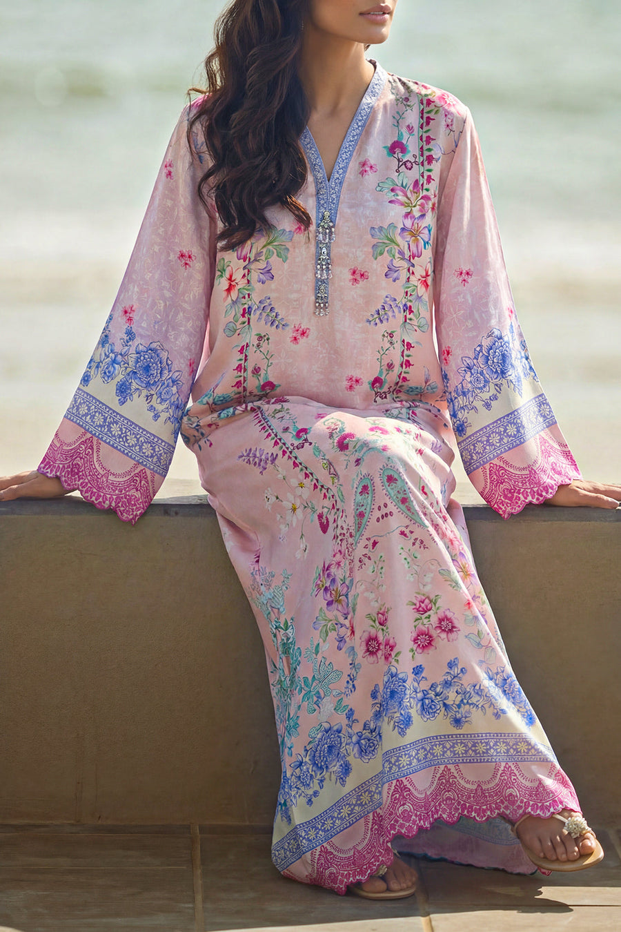 Printed Kaftaan Shamose Silk Stitched Dress - Pehnaawaa