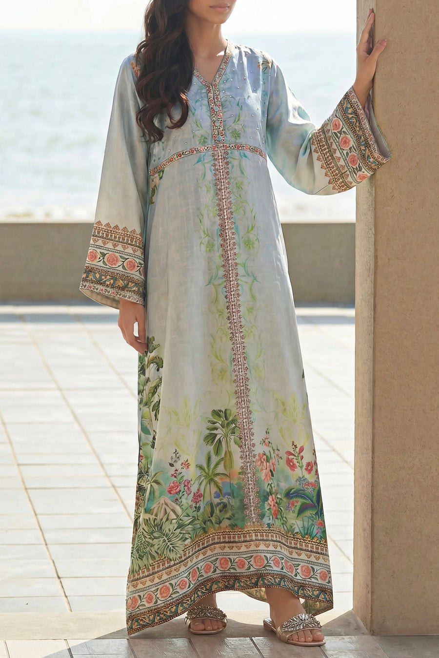Printed Kaftaan Shamose Silk Stitched Dress - Pehnaawaa