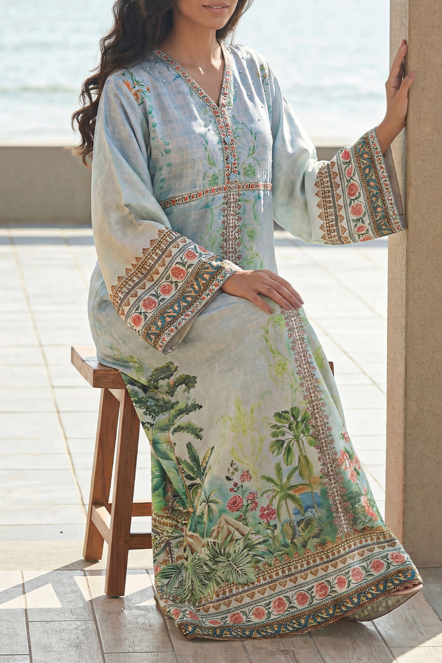 Printed Kaftaan Shamose Silk Stitched Dress - Pehnaawaa