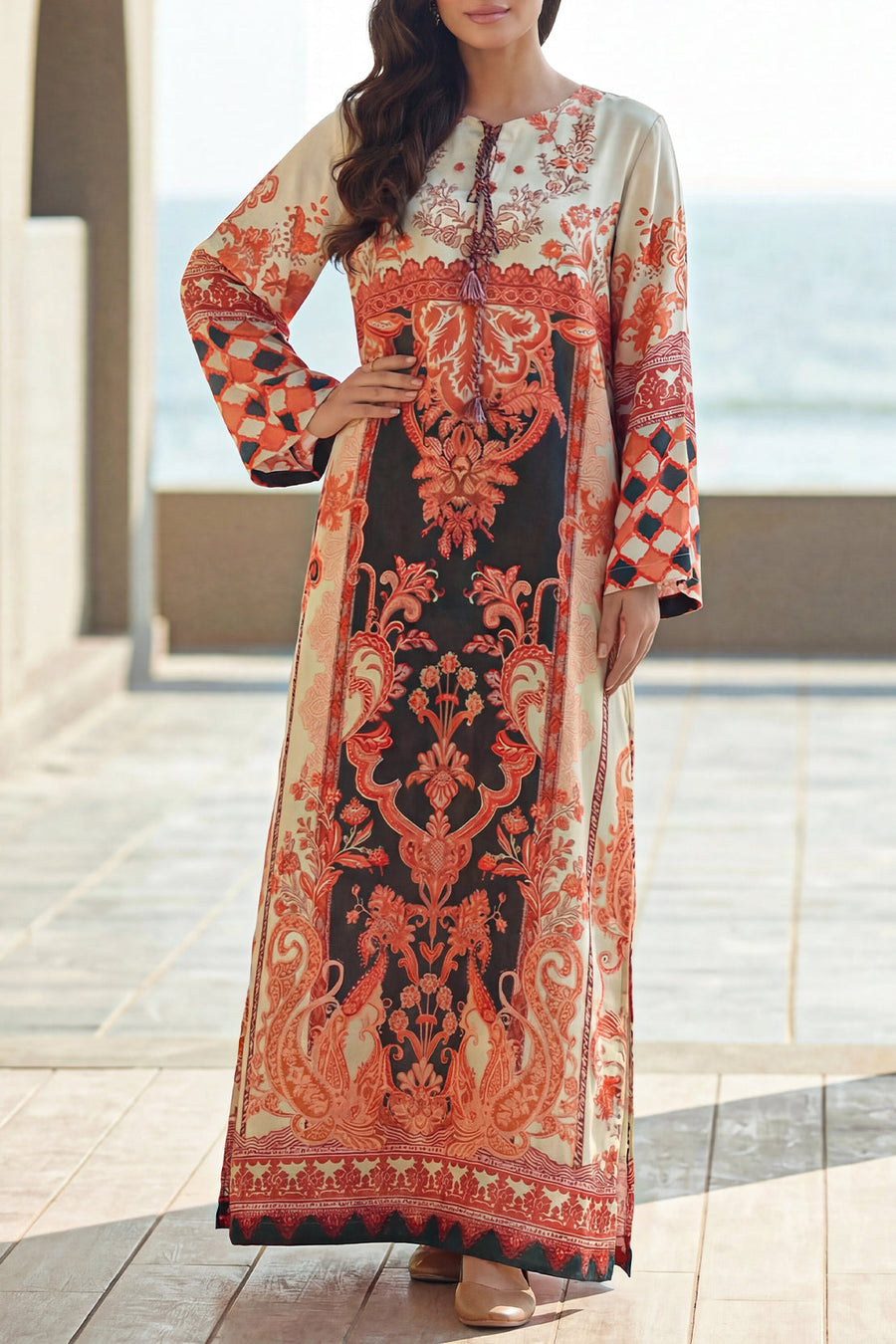 Printed Kaftaan Shamose Silk Stitched Dress - Pehnaawaa