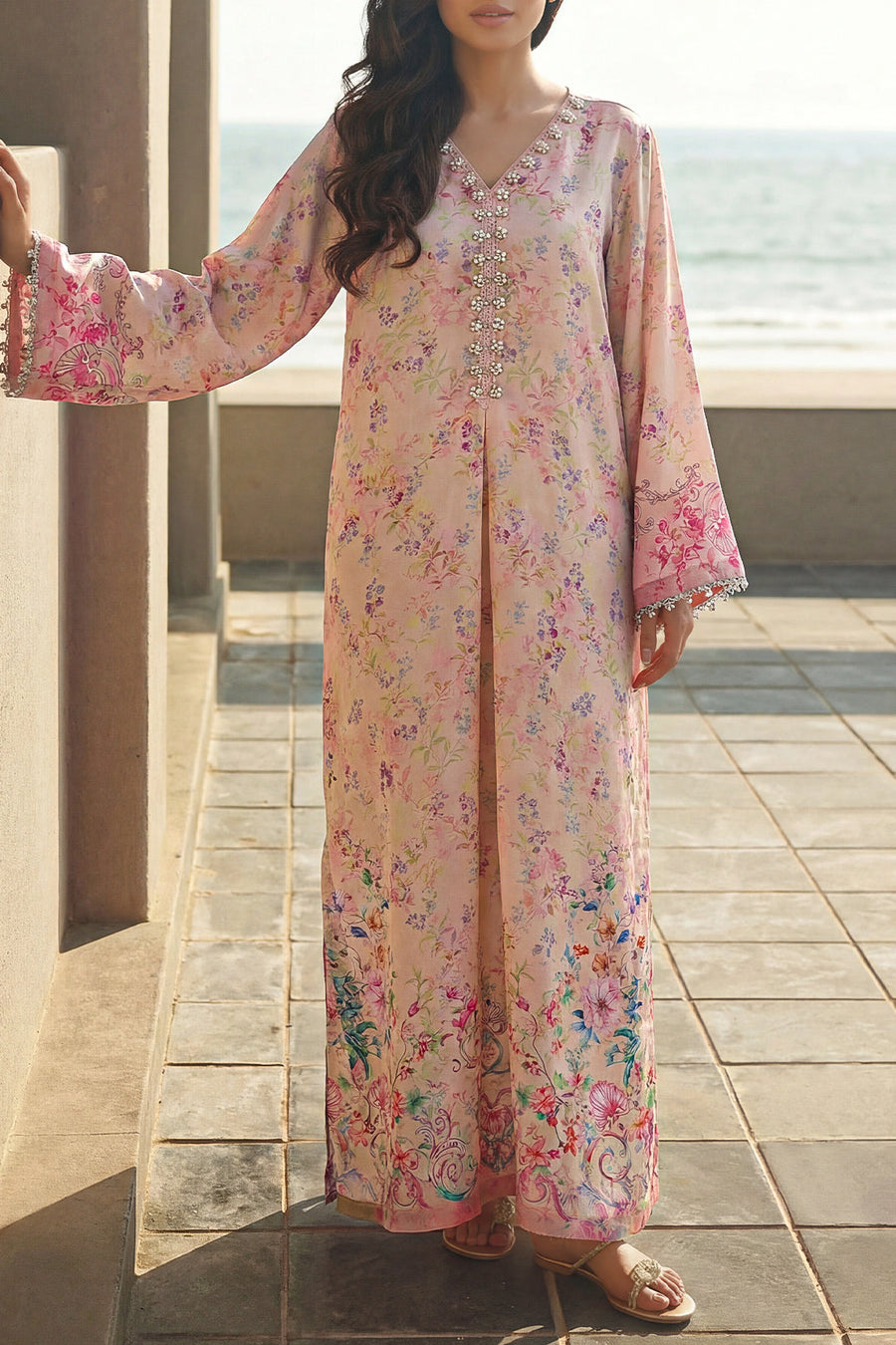 Printed Kaftaan Shamose Silk Stitched Dress - Pehnaawaa