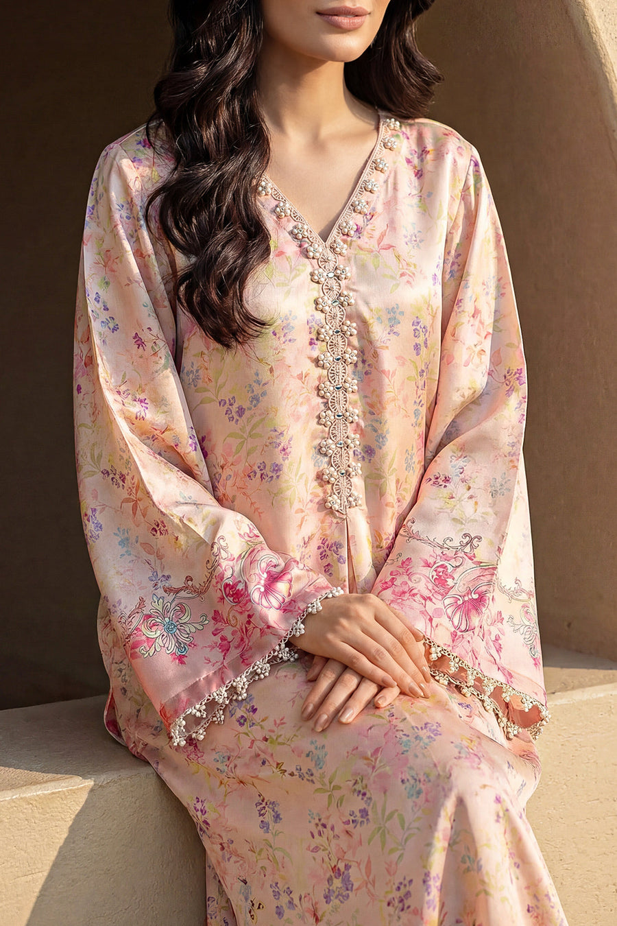 Printed Kaftaan Shamose Silk Stitched Dress - Pehnaawaa